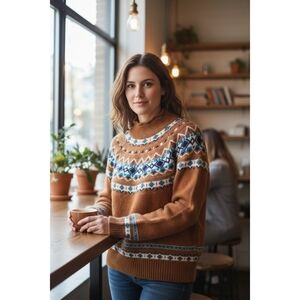 J. Crew Fair Isle Burnt Brown Multicolored Preppy Brown Ski Sweater Size Large